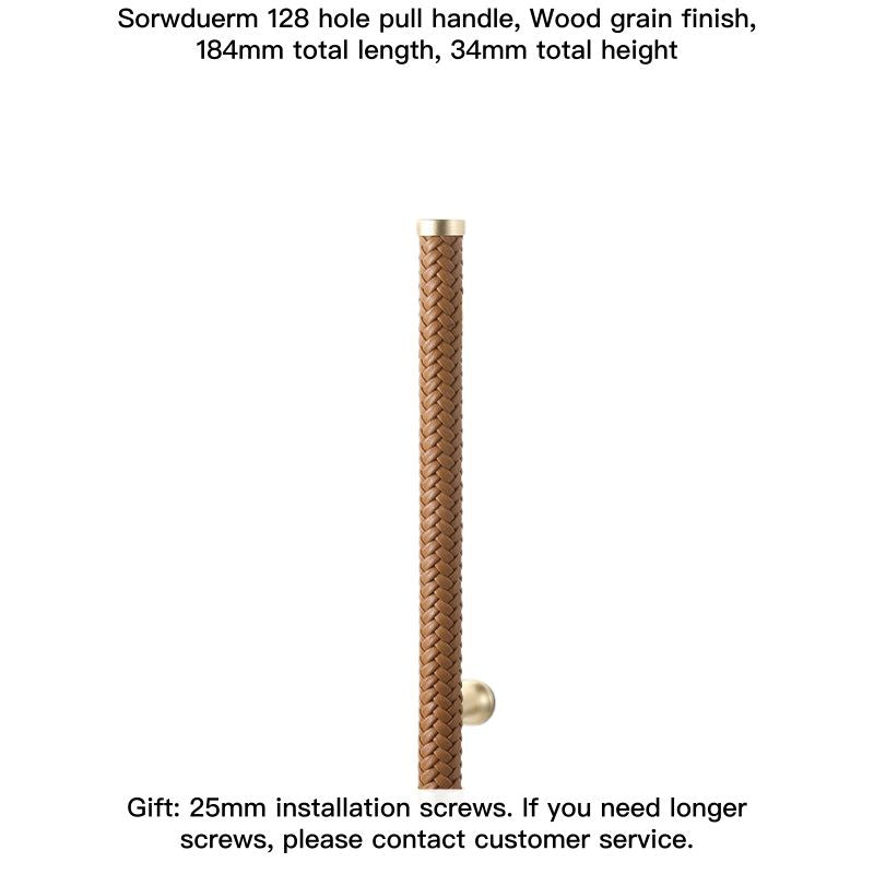 Brown woven leather drawer pull with gold finish and hardware.